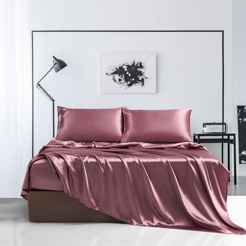 Solid Color Satin Bedding Set, Satin Bed Sheets, 3/4 Counts Luxury Includes 1 Flat Sheet, 1 Fitted Sheet, and 1/2 Pillowcase without Filler, Room Accessories Soft Mattress Protector, Twin, Full, Queen, King #TOP PICKS