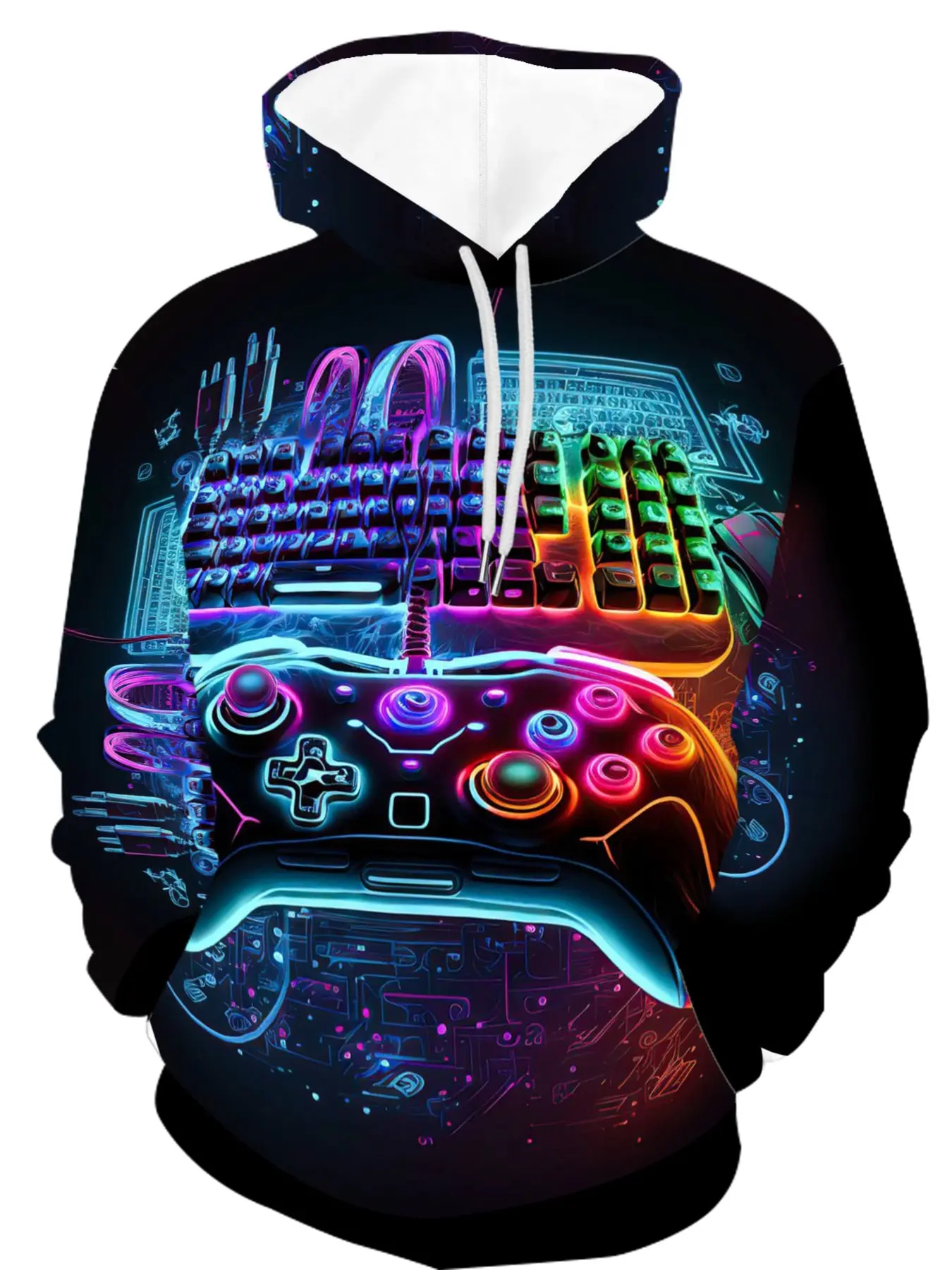 Neon Esports 3D Printed Men's Hoodie with Cyber Style Keyboard and Game Controller Theme, Loose-Fitting Casual Streetwear for Spring and Fall, Vibrant Neon Gaming Hoodie for Daily Gaming and Casual