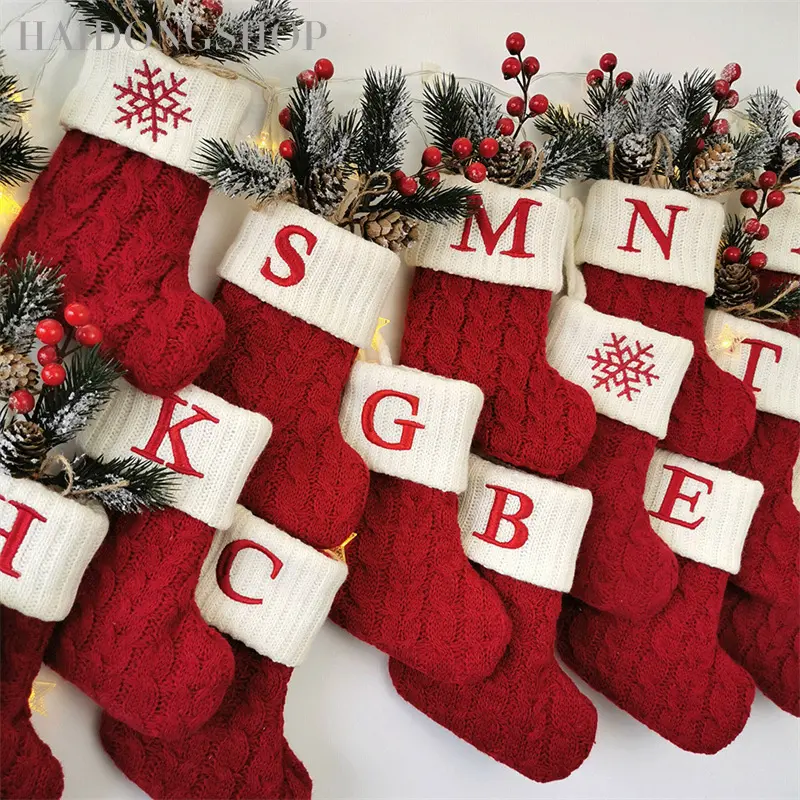 Mini Christmas Stockings with Letters, Knit Alphabet Xmas Tree Hanging Decor, Holiday Ornament