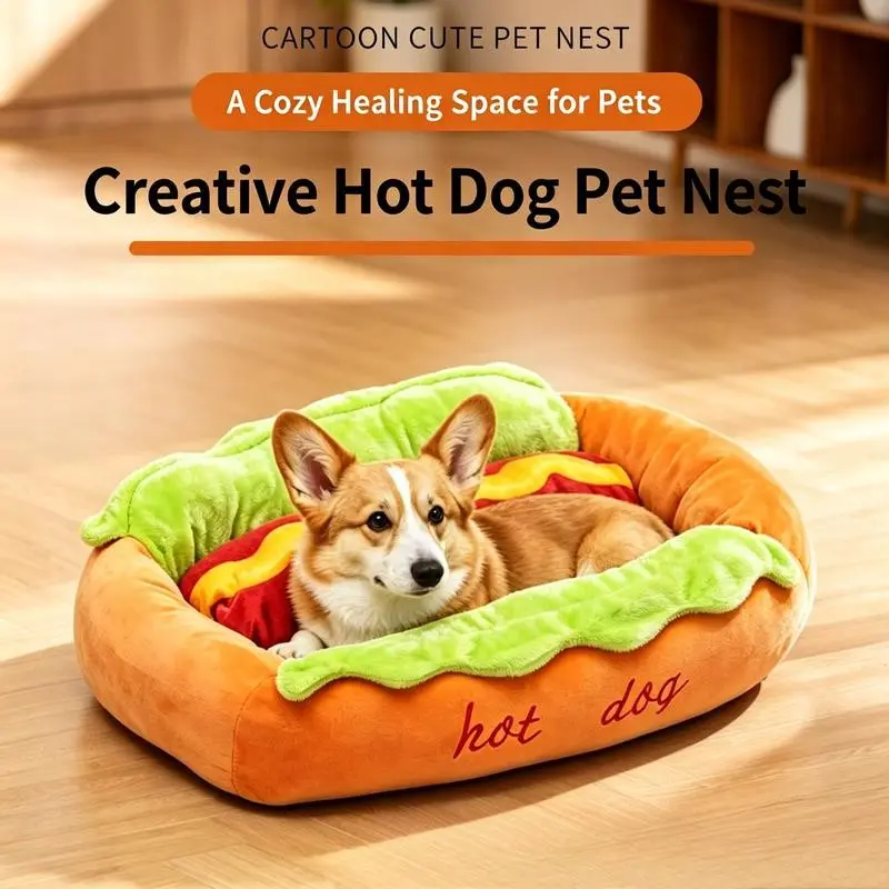 Hot Dog Shaped Pet Bed, Soft Plush Puppy Bed, Warm Cozy Dog Cat Bed, Removable Washable Pet Mat, Sizes S to L, 5-25 Lbs