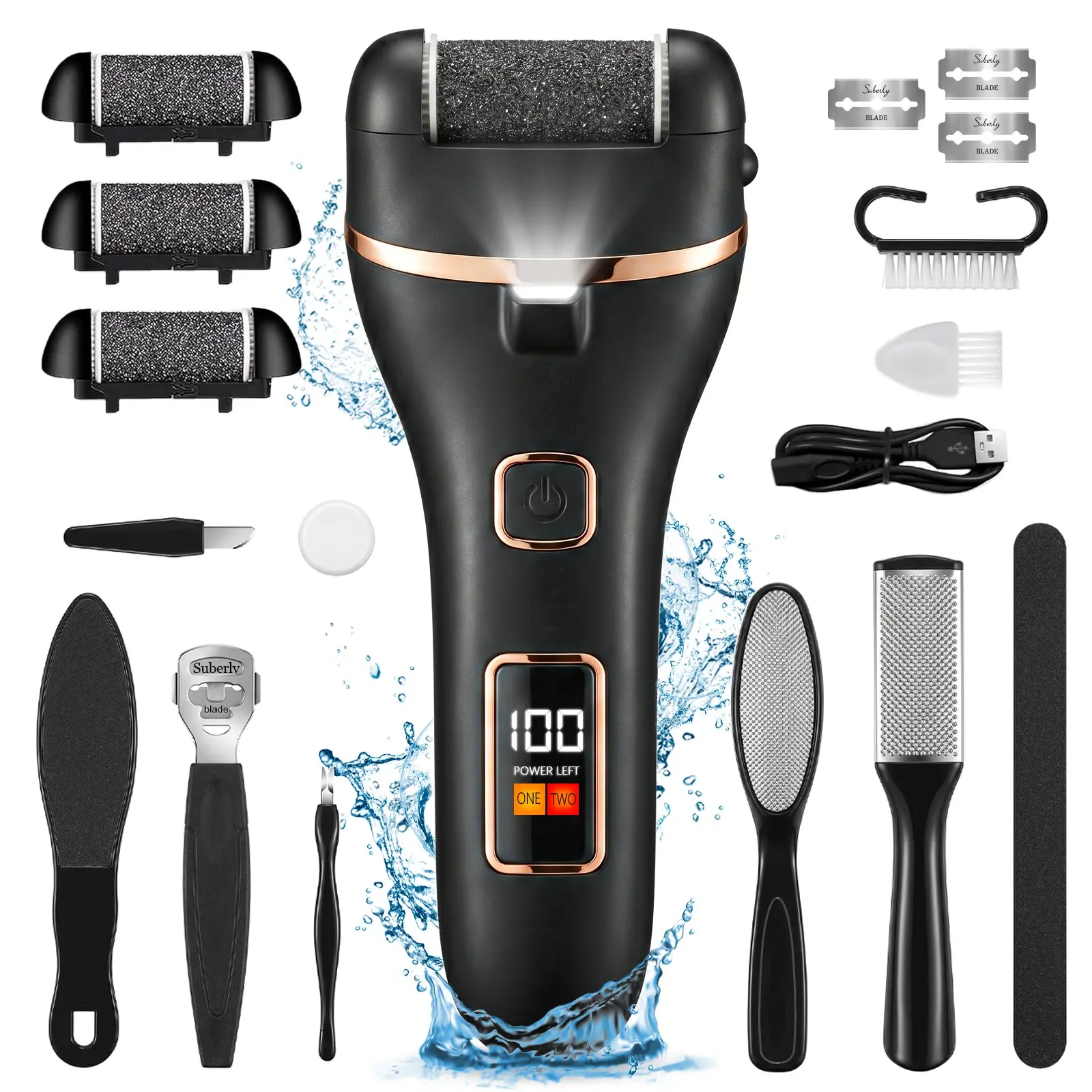 Portable Electric Feet Callus Remover, Rechargeable Waterproof Foot File Pedicure Kit ,3 Roller Heads 2 Speed ,Professional Pedicure Tools,Remove Dead Hard Cracked Dry Skin ,Suitable for Home and Nail Salon