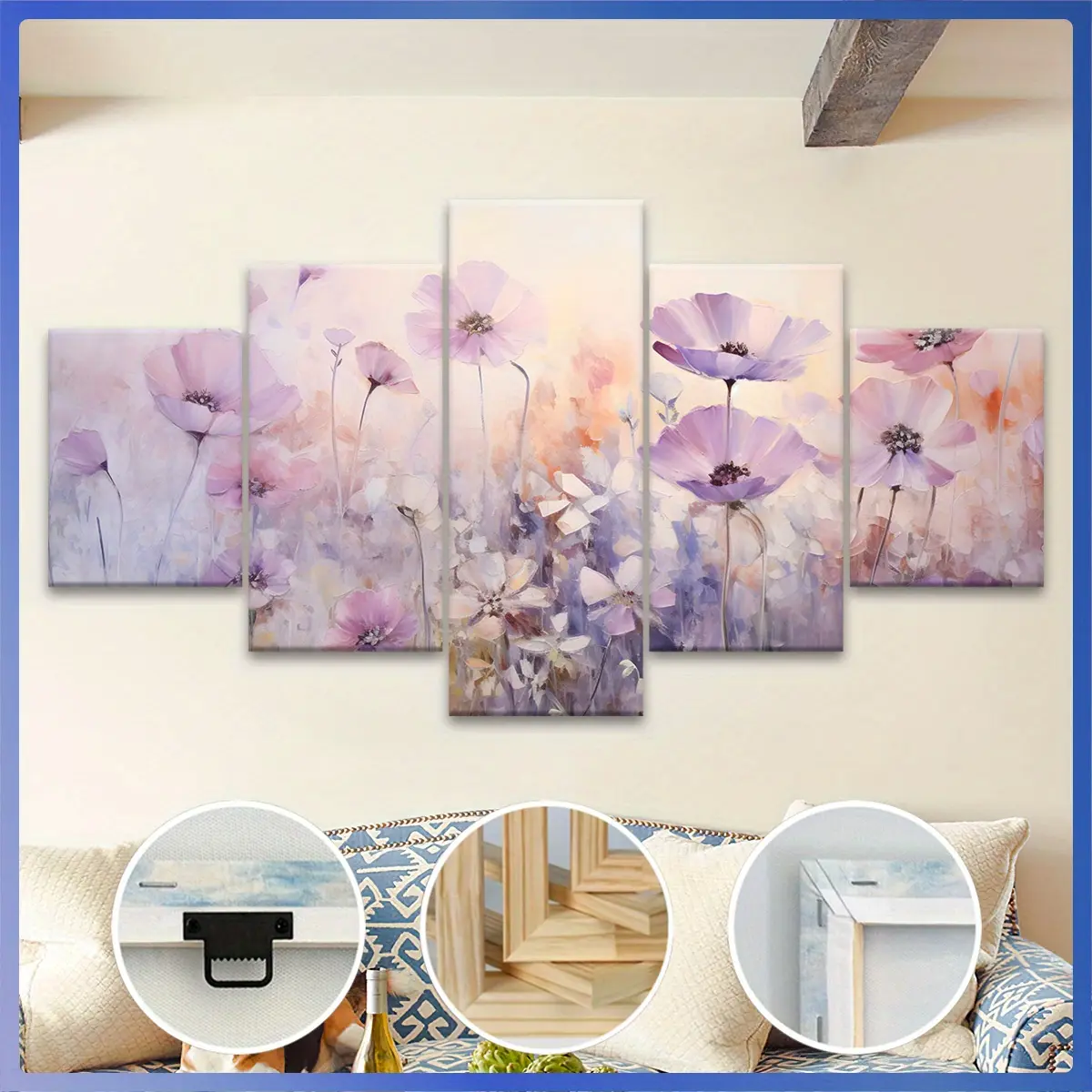 5-Piece Elegant Floral Canvas Art Set - Waterproof Wooden Frame With Pink And Purple Flowers, Perfect For Living Room, Bedroom, Office, Bar, Restaurant Decor, High-Quality Ink Print, Bedroom Wall Art |   Floral Pattern Art |   Waterproof Canvas, Floral De