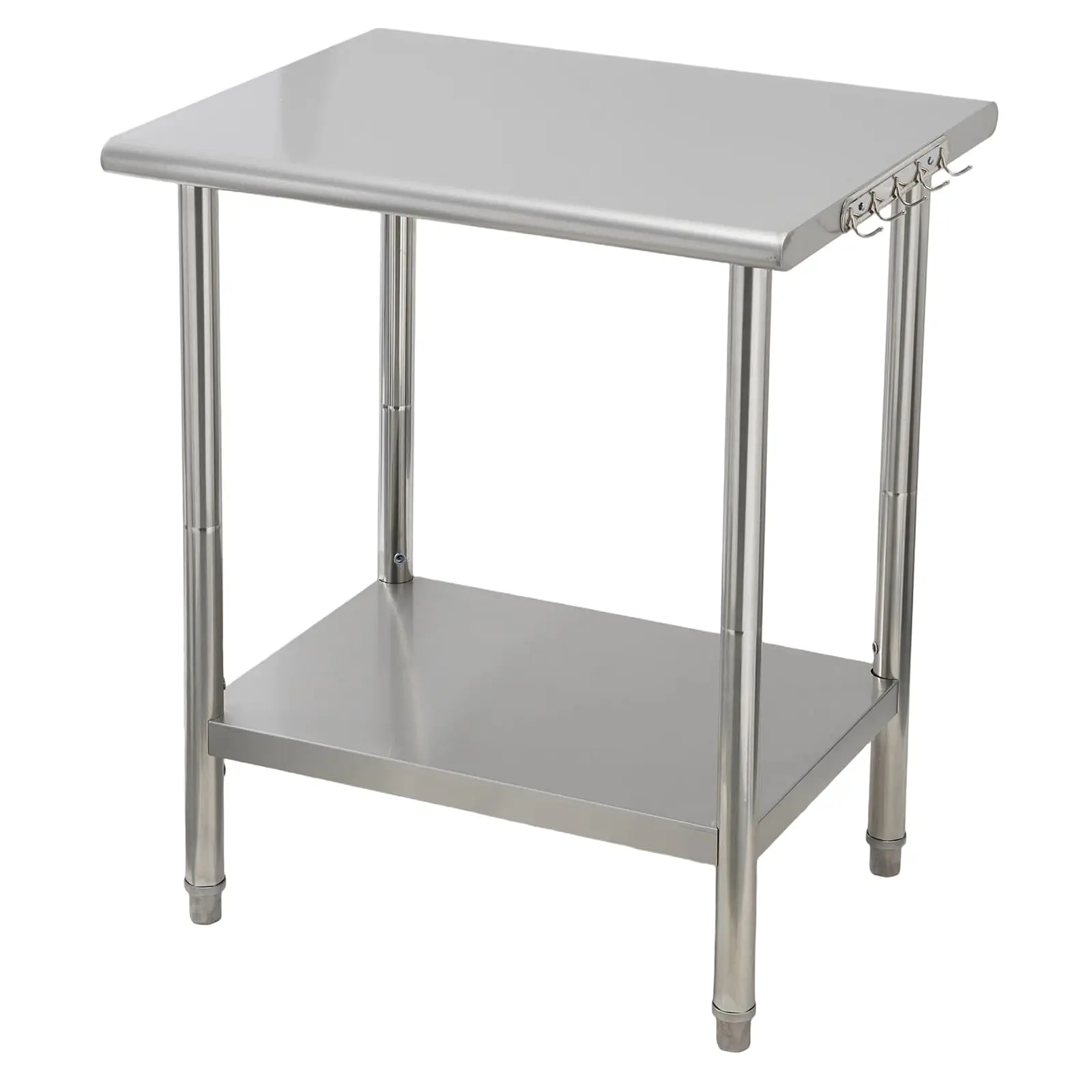 Heavy Duty Stainless Steel Commercial Work Table - Double Layer Prep Table with Curved Edge and Hooks - 0.7mm Thick Top