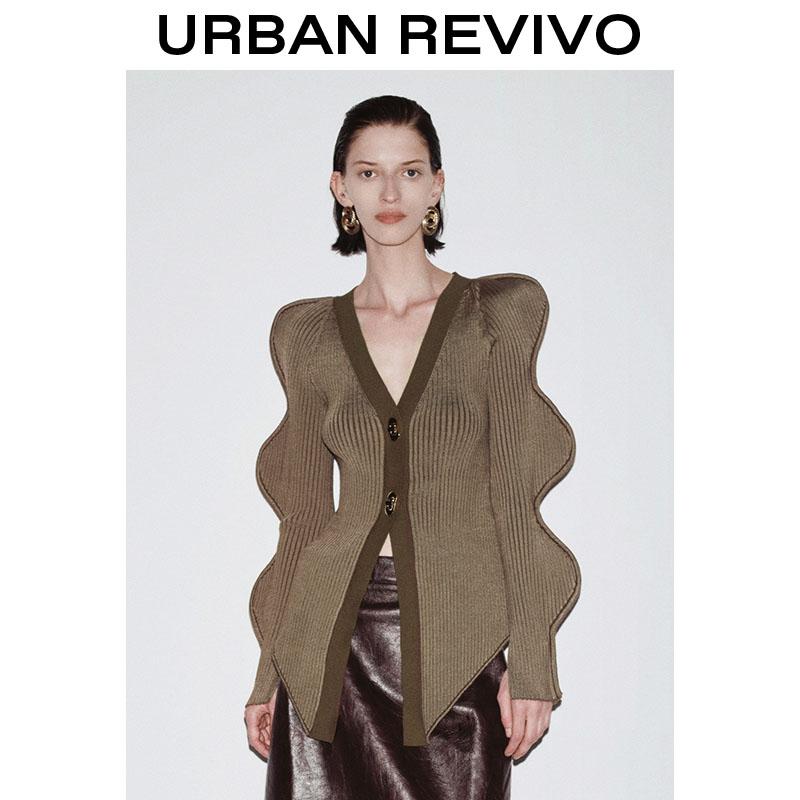 URBAN REVIVO springtok Oversized Puff Sleeve Brown Knit Cardigan - Bold V-Neck Button Front for Trendy Women Skinny Knitted