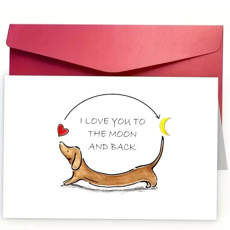 I Love You To The Moon And Back Card with Envelope, Cute Dachshund Love Greeting Card, Message Card, Romantic Valentine's Day Anniversary Gift for Boyfriend Girlfriend Husband Wife
