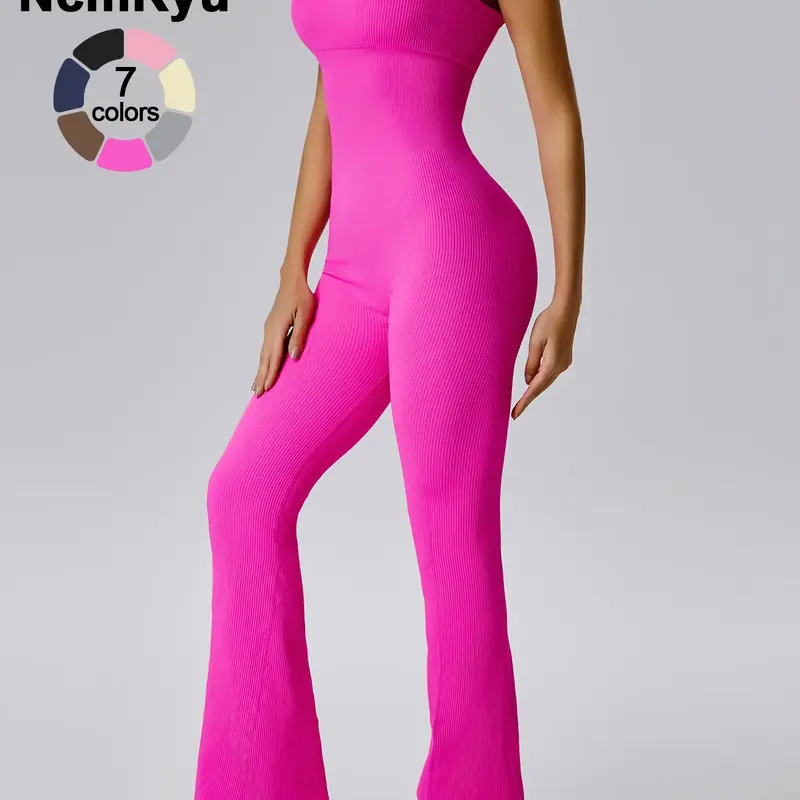 Women's Sexy Yoga Ribbed One Piece Tube Jumpsuit Rompers Flared Trousers Tights Push-up Sports Bodysuit Women Fitness Suit Workout Sportswear, Gym Workout Jumpsuits