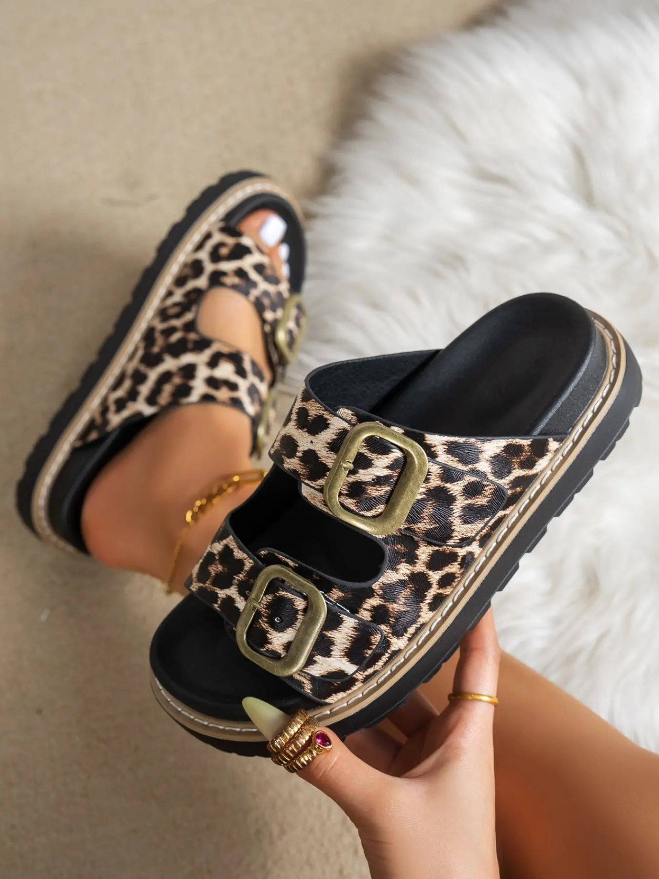 Women Leopard Print Platform Slide Sandals, Double Buckle Open Toe Slip On Slides, Casual Summer Outdoor Walking Beach Shoes