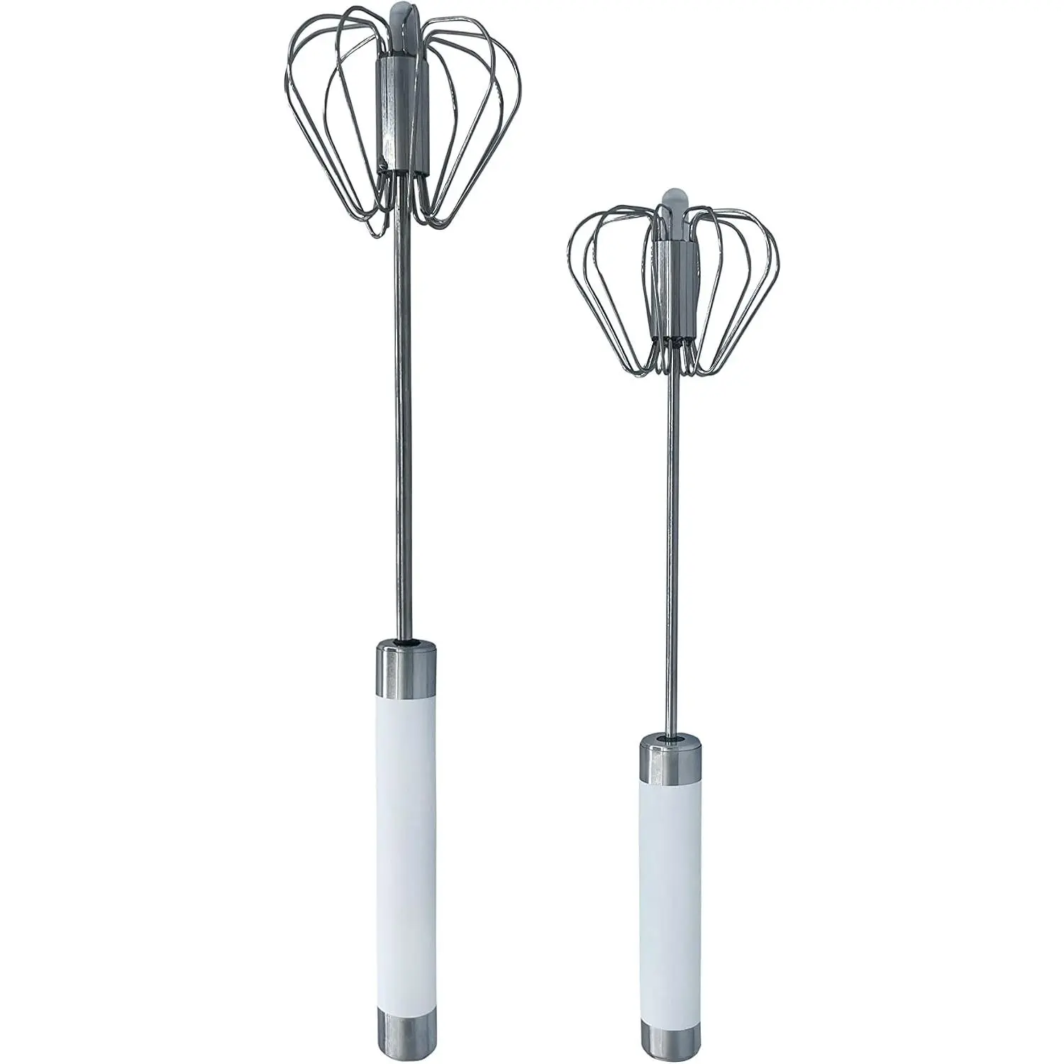 Stainless Steel Push Whisk - Easy to Use Manual Hand Mixer & Plunger Whisk - Make Froth,  & Whipped Cream - Semi Auto Egg Beater Plastic Tip Won’t Scratch Pans (2 Pack 10in & 12in) WHITE