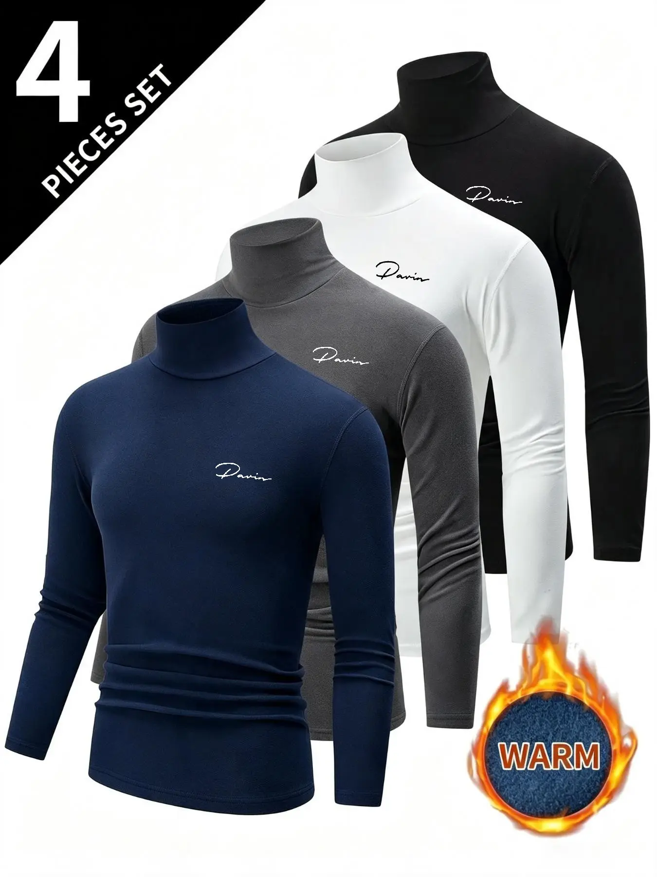 4-Pack Men's Fleece High Neck Long Sleeve T-Shirts, Thermal Top, Fall Winter Thick Warm Casual Innerwear, Ideal for Home & Daily Outing