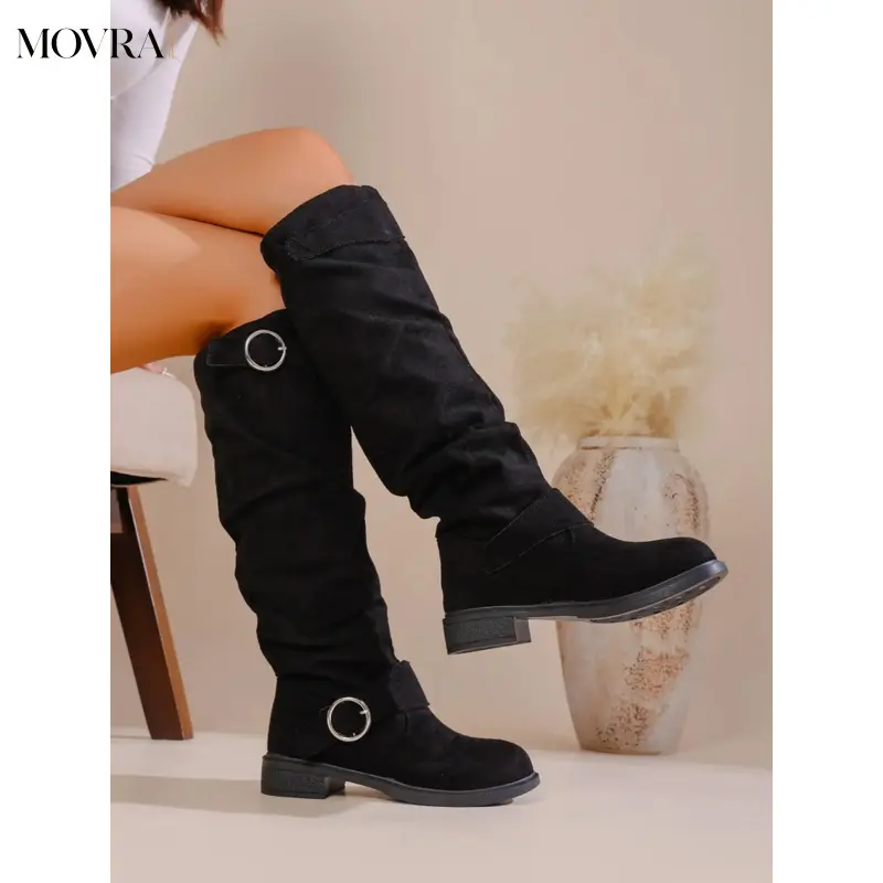 MOVRA1 Women's Mid-Calf Boots, PU Leather, Round Toe, French Heel, Zipper Design, Fall & Winter, Anti-Sole, Retro Style, Versatile Footwear, Trendy Boots