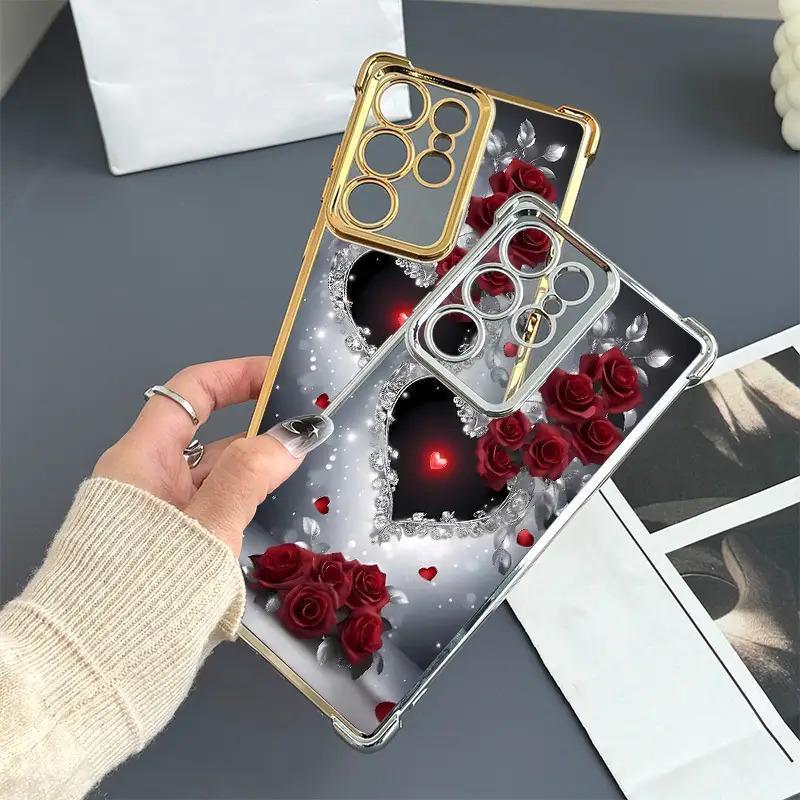 Heart Rose Pattern Phone Case for iPhone 17 Pro Max 16 15 Plus 14 13 12 11 Pro, Four Corners Airbags Shockproof Transparent Soft Back Casing