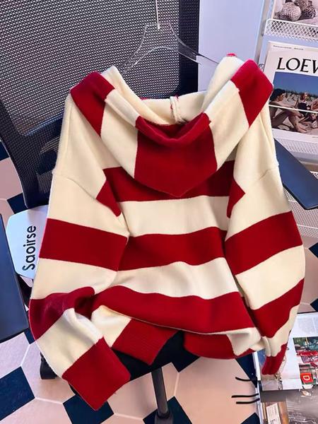 Autumn Winter New Design Hooded Knit Sweater, Color Block Striped Casual Soft Comfortable Elegant Women's Pullover, Colorblock Hoodie
