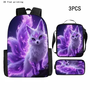 3pcs Chinese Style Purple Flame Spirit Fox Backpack, 2D Flat Printing, Large Capacity Trendy Backpack, Pencil Case, Crossbody Bag, for School, Outdoor Picnics, Chinese Style Comic Con, Easily Fits Laptops, Clothes, and Small Accessories