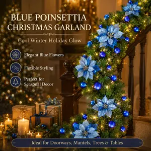 1 Pack Unlit Premium Decorative Artificial Christmas Pine Garland Multiple Sizes Available with Blue Poinsettia Flowers and Blue Ornament Baubles for Door Frame Fireplace Mantel Christmas Tree and Dining Table Home Holiday Decoration
