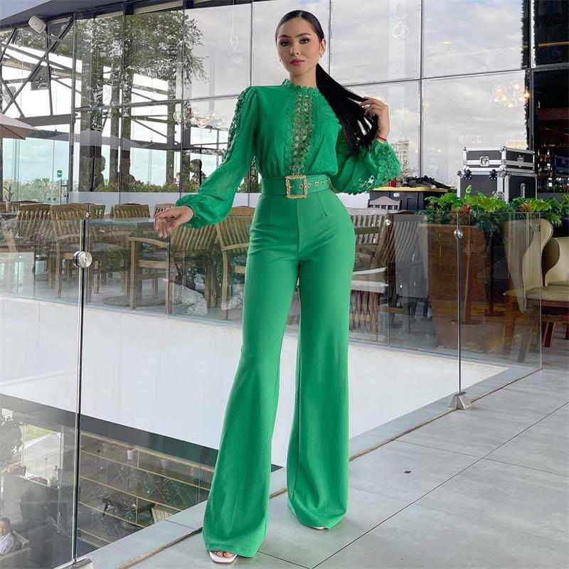 Woman Jumpsuit Birthday Long Sleeve Hollow Out High Waist One Pieces Overalls Club Party Outfits with Belt