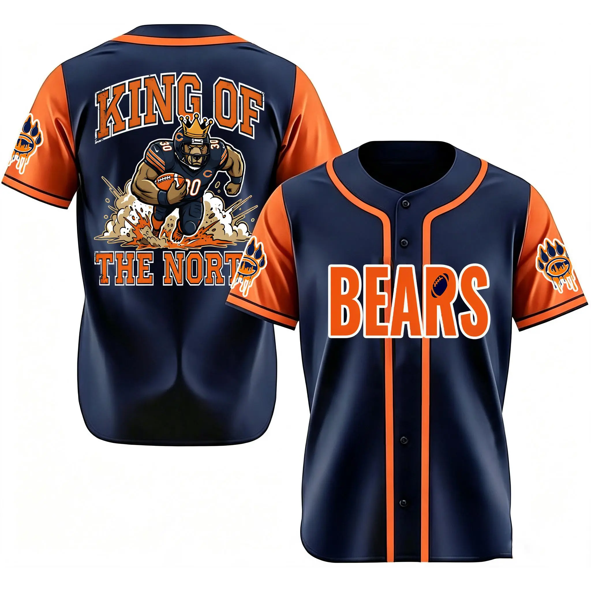 Chicago King Of The North Baseball Jersey, Vintage Crown Bear Football Graphic Button Up Baseball Jersey, Navy Orange Game Day Sports Uniform Gift For Bears Fans Men Women # TikTokMadeMeBuyIt # ChicagoTeamShirt # FootballGameOutfit # HolidayGift