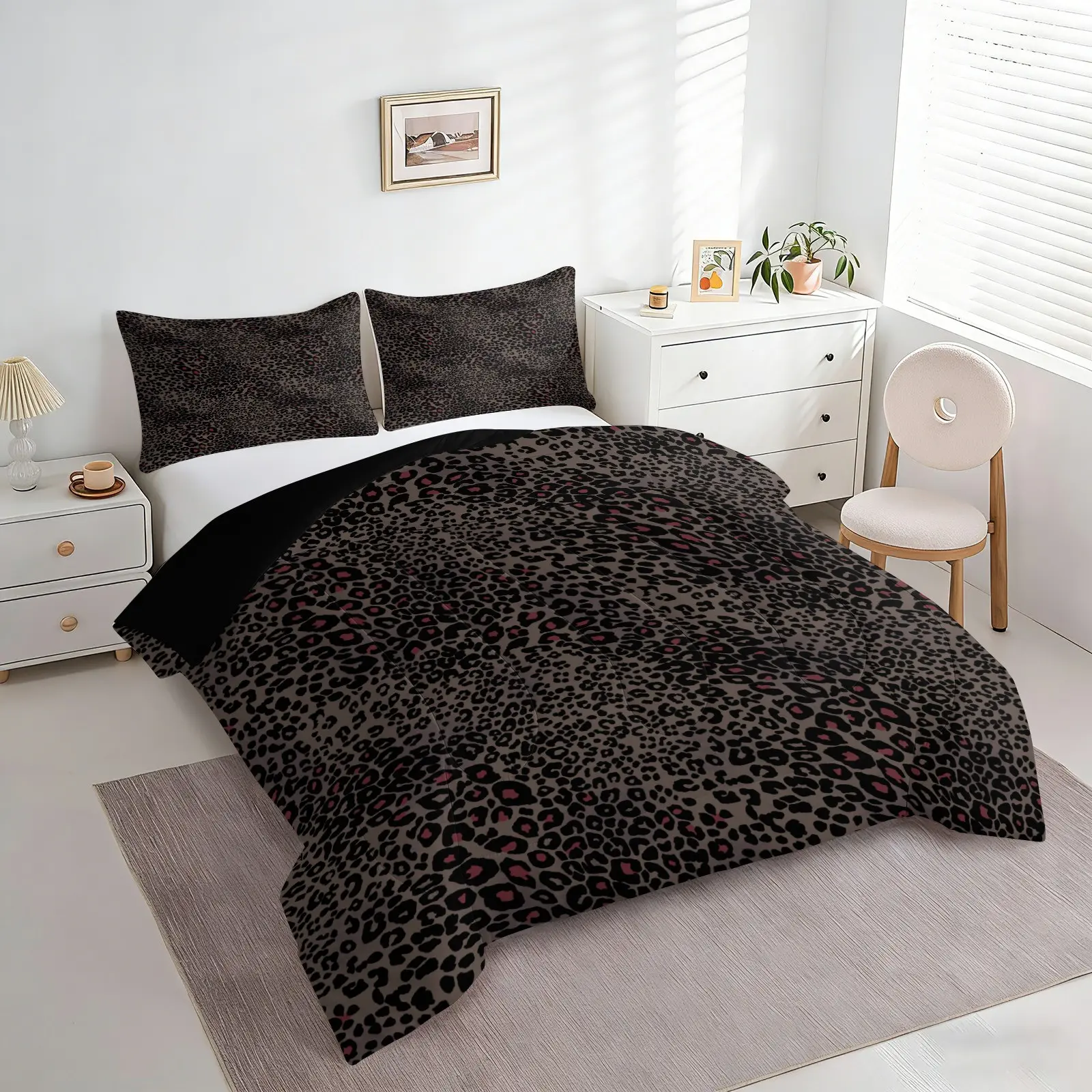 2/3Pcs Grey Red Leopard Print Comforter Set, 1 Comforter & 2 Pillowcases No Pillow Insert, Dark Red Spotted Leopard Bedding, All Season Soft Quilt, Gothic Modern Bedroom Decor
