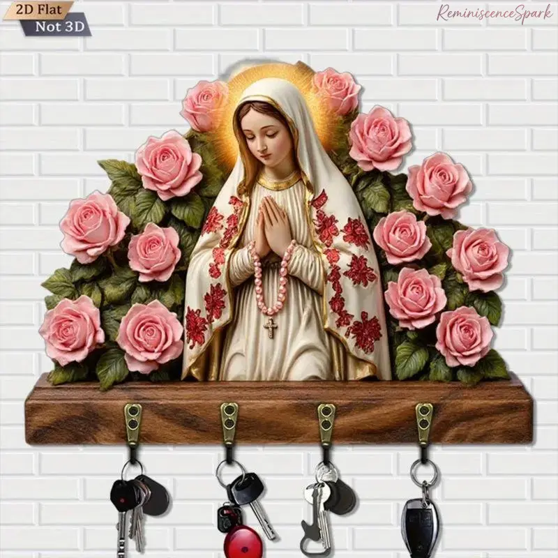 Wooden Wall‑Mounted Key Holder with 4 Hooks, Vintage Faith‑Inspired Floral Motif Decor, Space‑Saving Key Organizer Rack, Decorative Home Wall Accessory for Entryway Storage, Hallway Organization and Thoughtful Housewarming Gifting