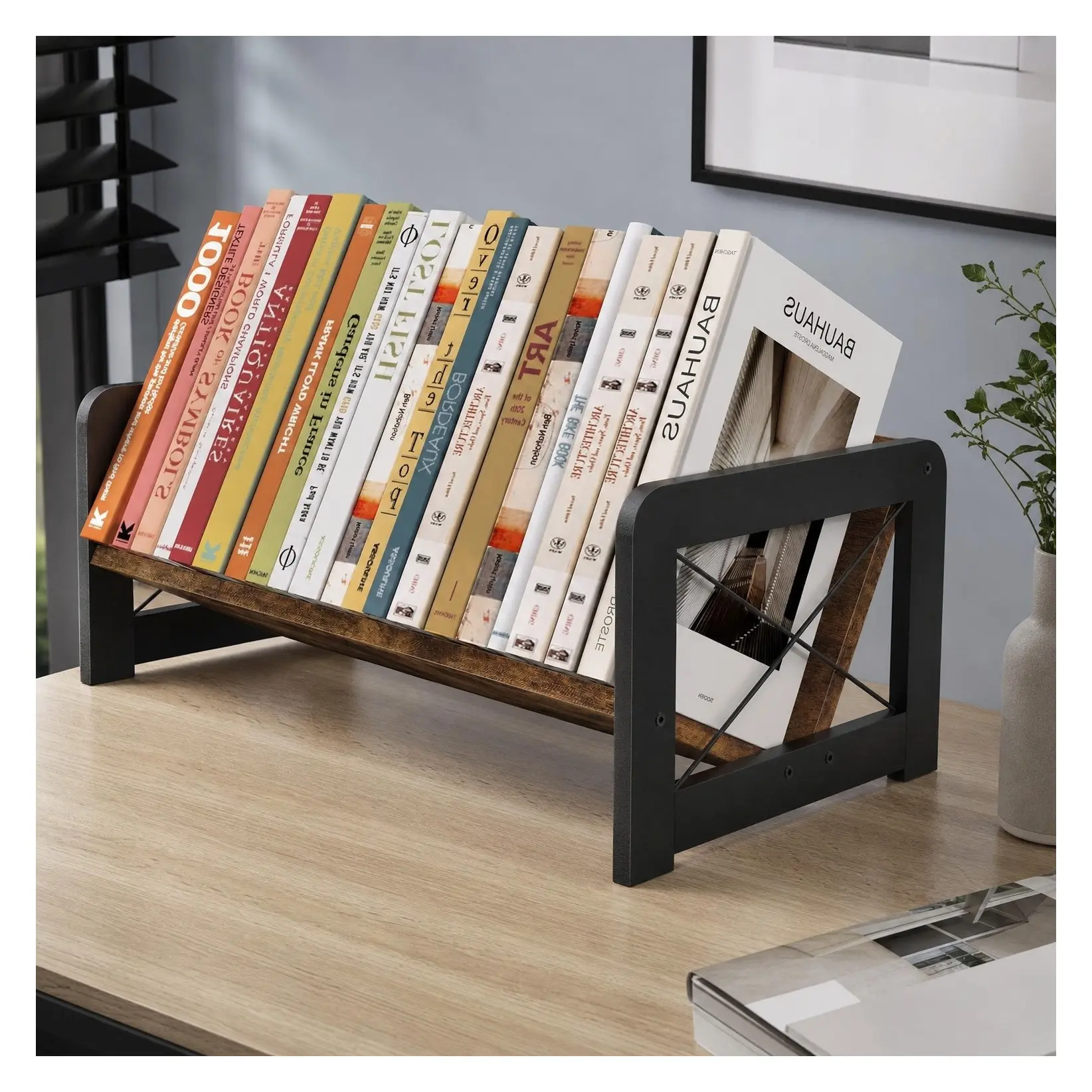 Desktop Bookshelf Organizer, Wood Slanted Desk Bookshelf, Small Tabletop Book Rack, Portable Mini Bookcase for Book Display, Cookbooks, Kids Reading, Office & Home Storage, Rustic BrownGift