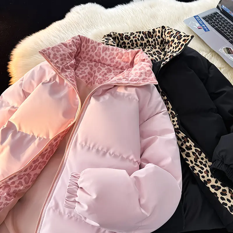 Women's Quilted Puffer Jacket, Leopard Print Hooded Winter Coat, Warm Casual Outwear, Streetwear Jacket for Daily Wear School