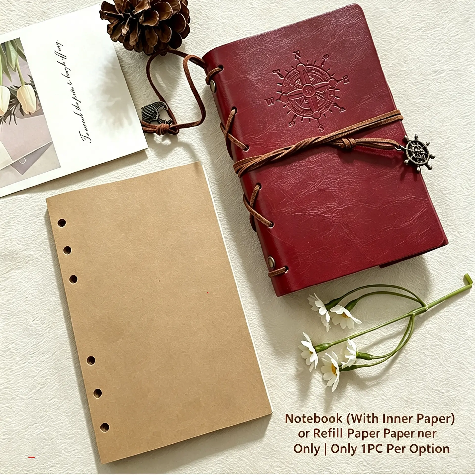 Vintage Nautical PU Leather Travel Notebook, Refillable with 80 Kraft Sheets, Multi Colors & Separate Replacement Refill Paper, Travel Diary Notebook