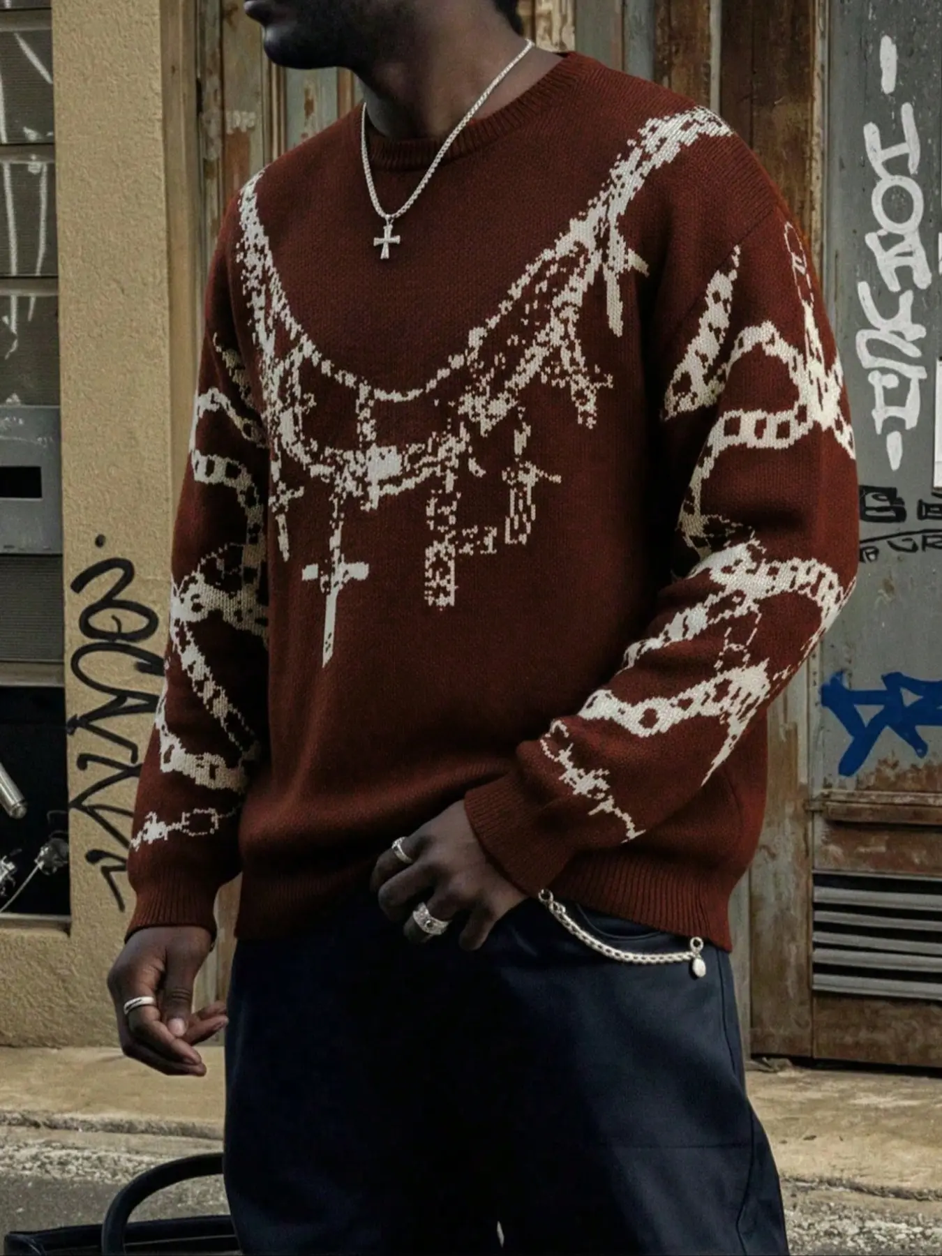Men's Casual Loose-Fit Long Sleeve Knitted Top, Cross Design, Baroque Pattern, Spring & Fall Street Style, Round Neck Pullover, Knitwear