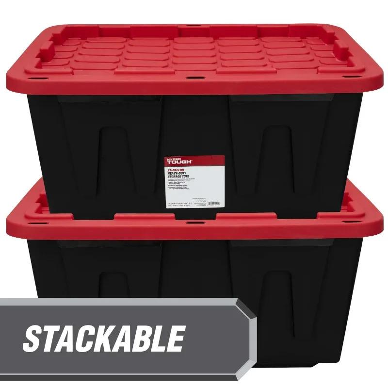 (6 pack) Hyper Tough Large Storage Bin, 27 Gallon Plastic Storage Container with Snap-On Lid, Black and Red