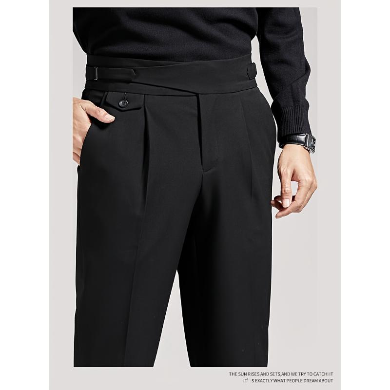 Men's waist less short black pants - mid waist loose fit, hanging fabricBusiness casual pants, suitable for all seasons, made of fashionable men's elastic fiber material. Menswear Spandex