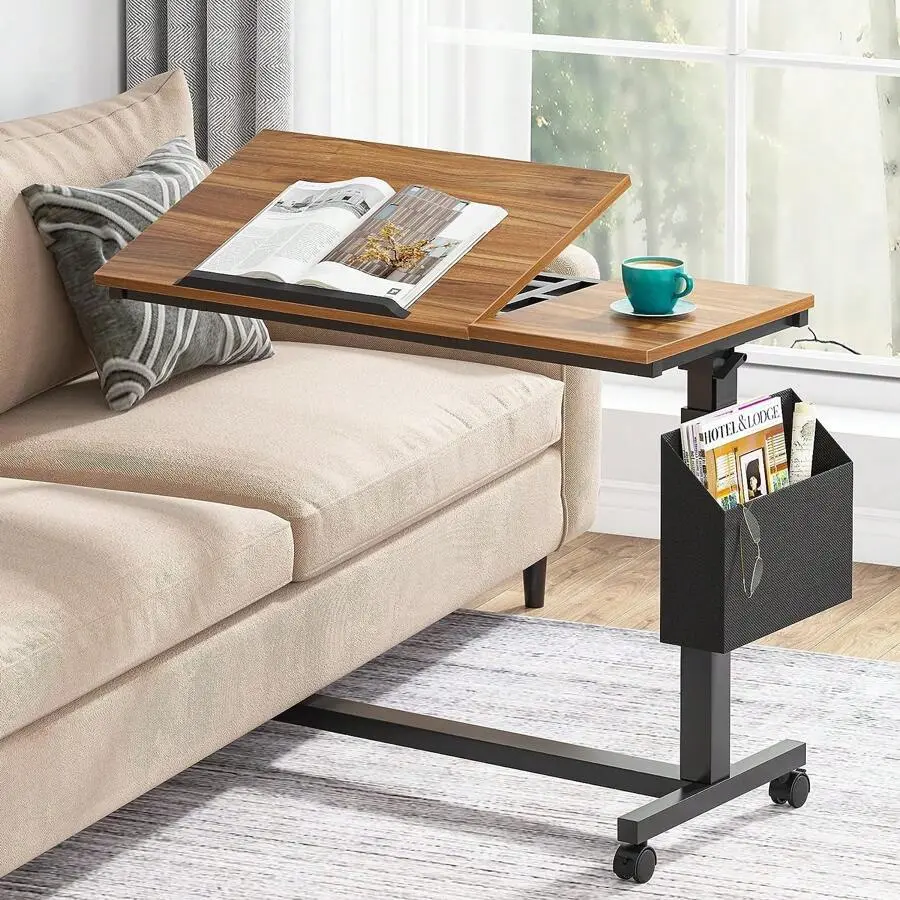 Height Adjustable C Shaped End Table With Wheels And Side Pocket, Mobile Sofa Table With Tiltable Drawing Board, Side Tray Table Couch Bed