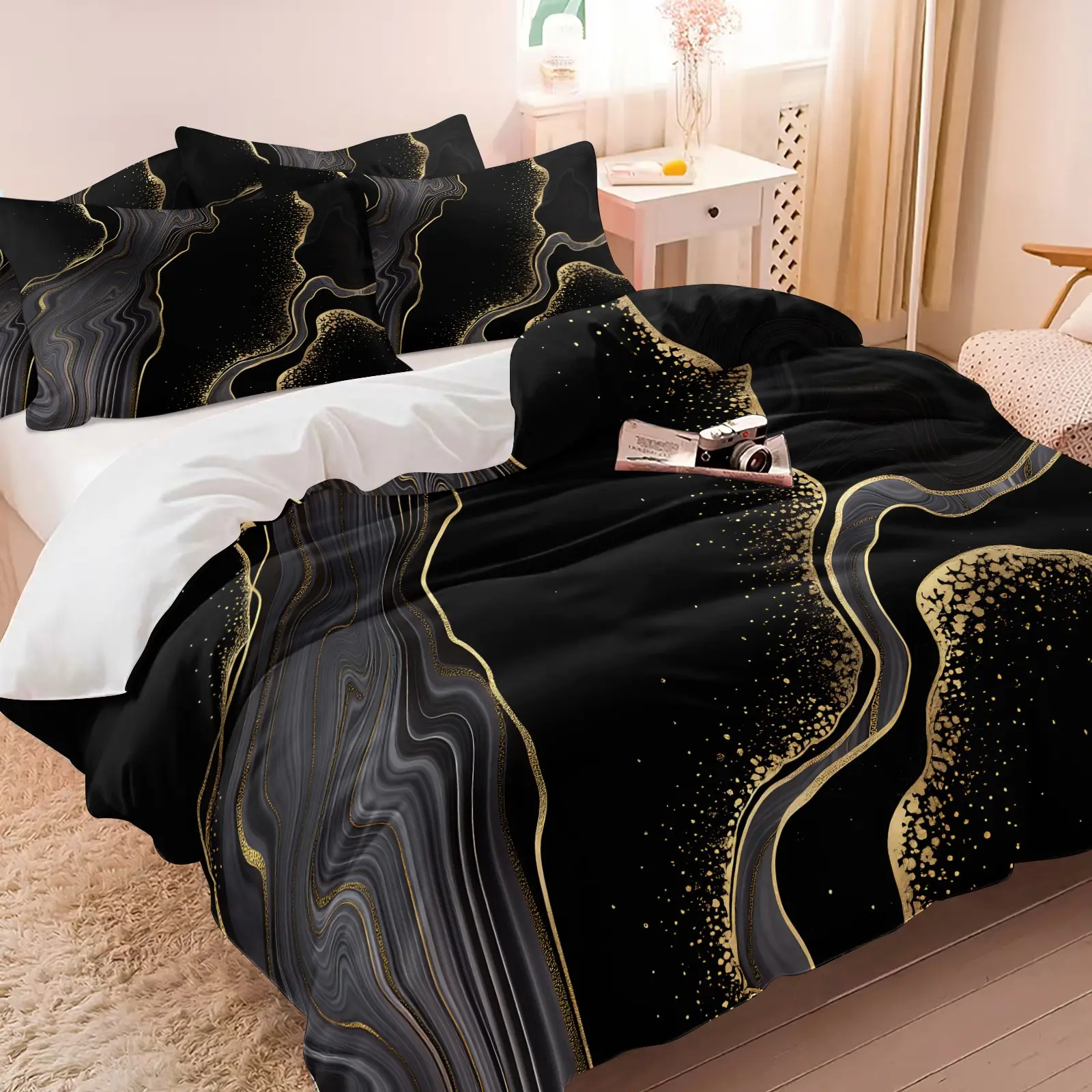 Black Gold Marble Fluid Art Print Duvet Cover Set, 1 Duvet Cover & 1/2 Pillowcases No Filling, Luxury Abstract Swirl Bedding Set, Soft Microfiber, Modern Home Decor Gift for Adults Bedroom Dorm