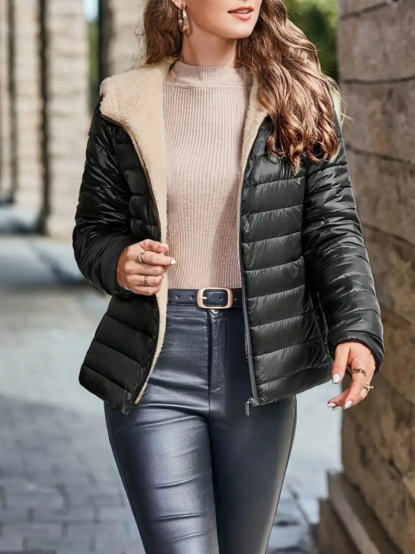 Women's Fitted Down Jacket with Lamb Fur Lining, Elegant Fall & Winter Outerwear, Windproof Short Coat for Casual Wear