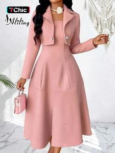 women's elegant two-piece matching set, long sleeve blazer dress & pearl button vest, solid color midi skirt, spring fashion