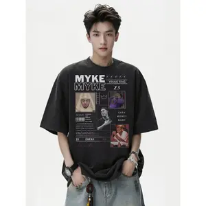 Vintage Washed Oversized Unisex Black Acid - Washed T - Shirt, Drop Shoulder, Casual Streetwear, Loose Fit,, Short Sleeve, Round Neck, Summer Tee, Street Style Apparel, Vintage Print Shirt with 'MYKE' RAPPER' '23' Graphics