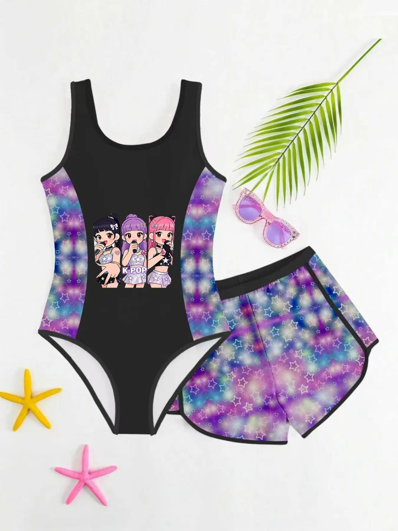 Girls' Cartoon Print Swimsuit Set, Base Starry Patchwork Swimwear + Star Swimsuit Two-Piece, Kids Beach Swimwear Essential, Bathing Suit Set, Childrens Swimwear