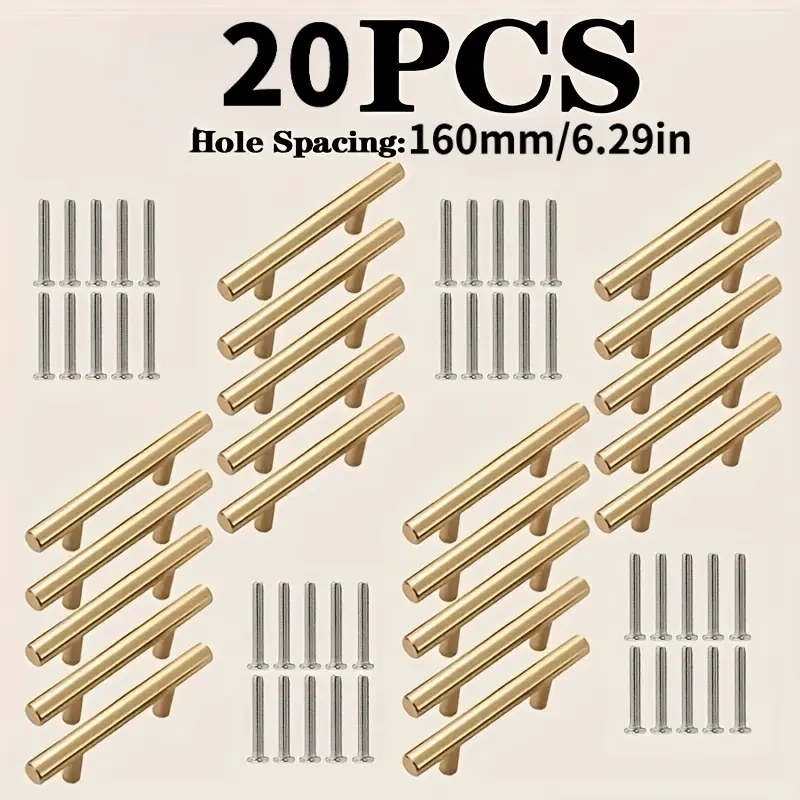 20pcs Brushed Gold Stainless Steel Arc Cabinet Handles  Modern Drawer Pulls, Includes Screws, Easy Installation, Length 250mm