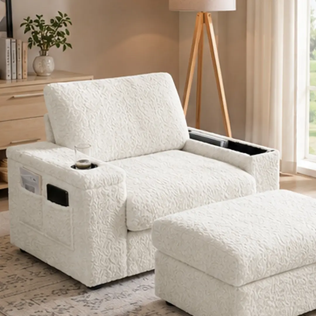 ARCH Oversized Single Sofa with Cup Holders and Storage Ottoman, Faux Rabbit Fur Armchair Chaise Lounge with Hidden Storage, Deep Seat Sleeper Reading Couch for Living Room Apartment, Beige, Beige Color Options, faux fur Material, 1 Seat Seat Count