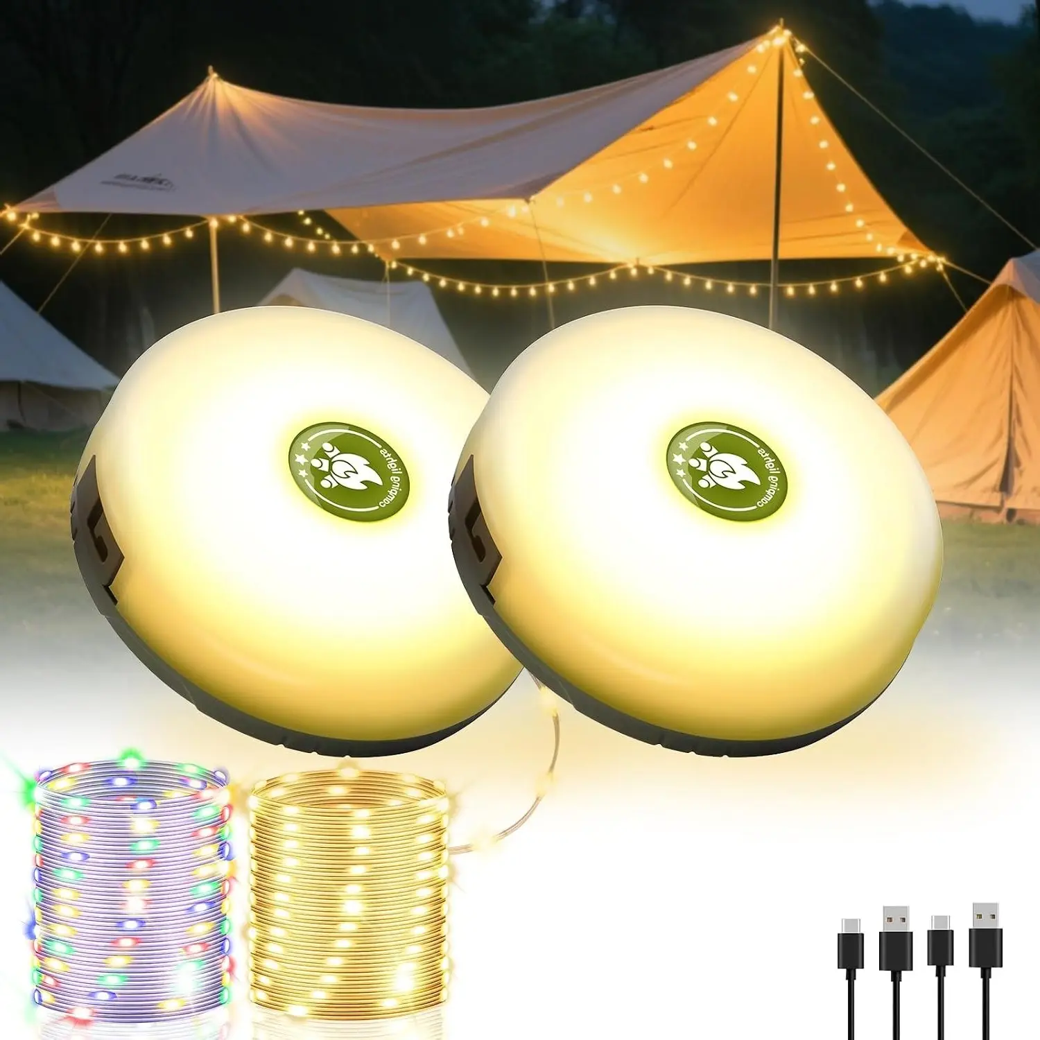 2-Pack 4-in-1 Rechargeable Camping String Lights with 8 Modes for Tent