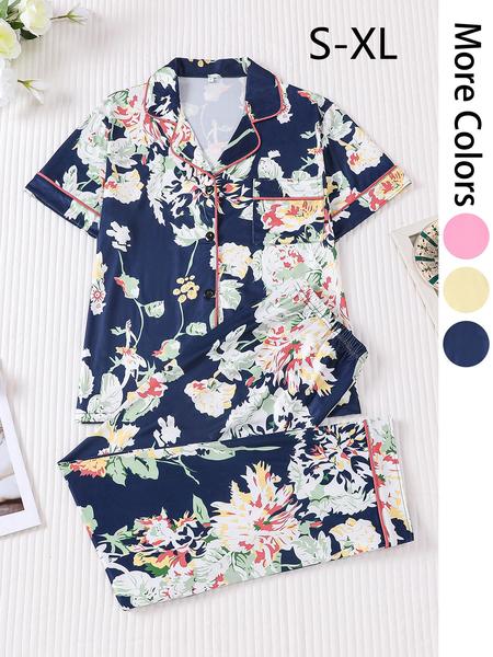 2 pieces of women's cotton print short sleeved pants sleepwear set Pajama Set with pockets suitable for all seasons, fashionable, comfortable, elegant and casual home wear