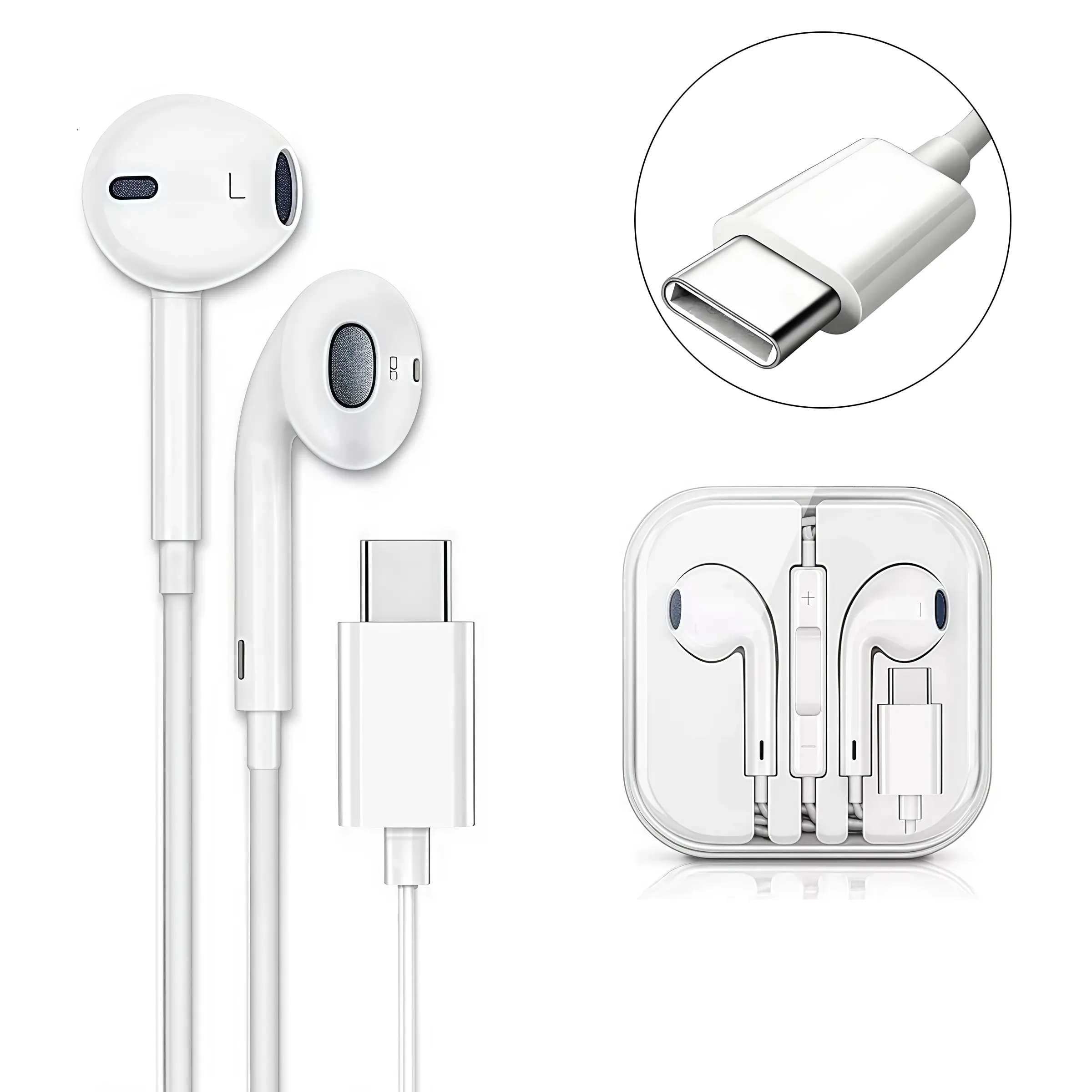 1 Piece USB Type C Connector Earbuds Wired Headphones with Mic & Volume Control, Half in-Ear Stereo Portable Earphones, Classic Stereo Sound Earphones for Phones, Tablets, Laptops, Travel - White