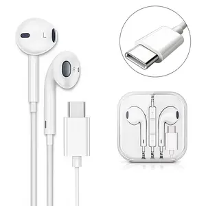 1 Piece USB Type C Connector Earbuds Wired Headphones with Mic & Volume Control, Half in-Ear Stereo Portable Earphones, Classic Stereo Sound Earphones for Phones, Tablets, Laptops, Travel - White