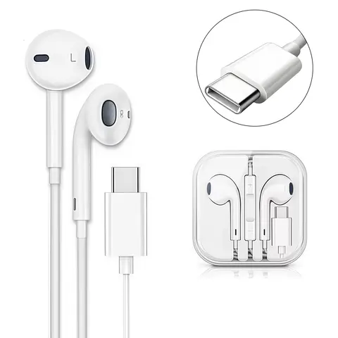 USB Type C Connector Wired Earbuds Headphones with Mic & Volume Control, Half in-Ear Stereo Portable Earphones, Classic Stereo Sound Earphones for Phones, Tablets, Laptops and Travel, White