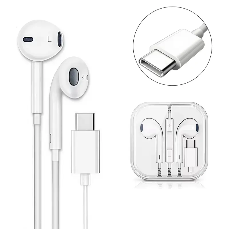 USB Type C Connector Wired Earbuds Headphones with Mic & Volume Control, Half in-Ear Stereo Portable Earphones, Classic Stereo Sound Earphones for Phones, Tablets, Laptops and Travel, White