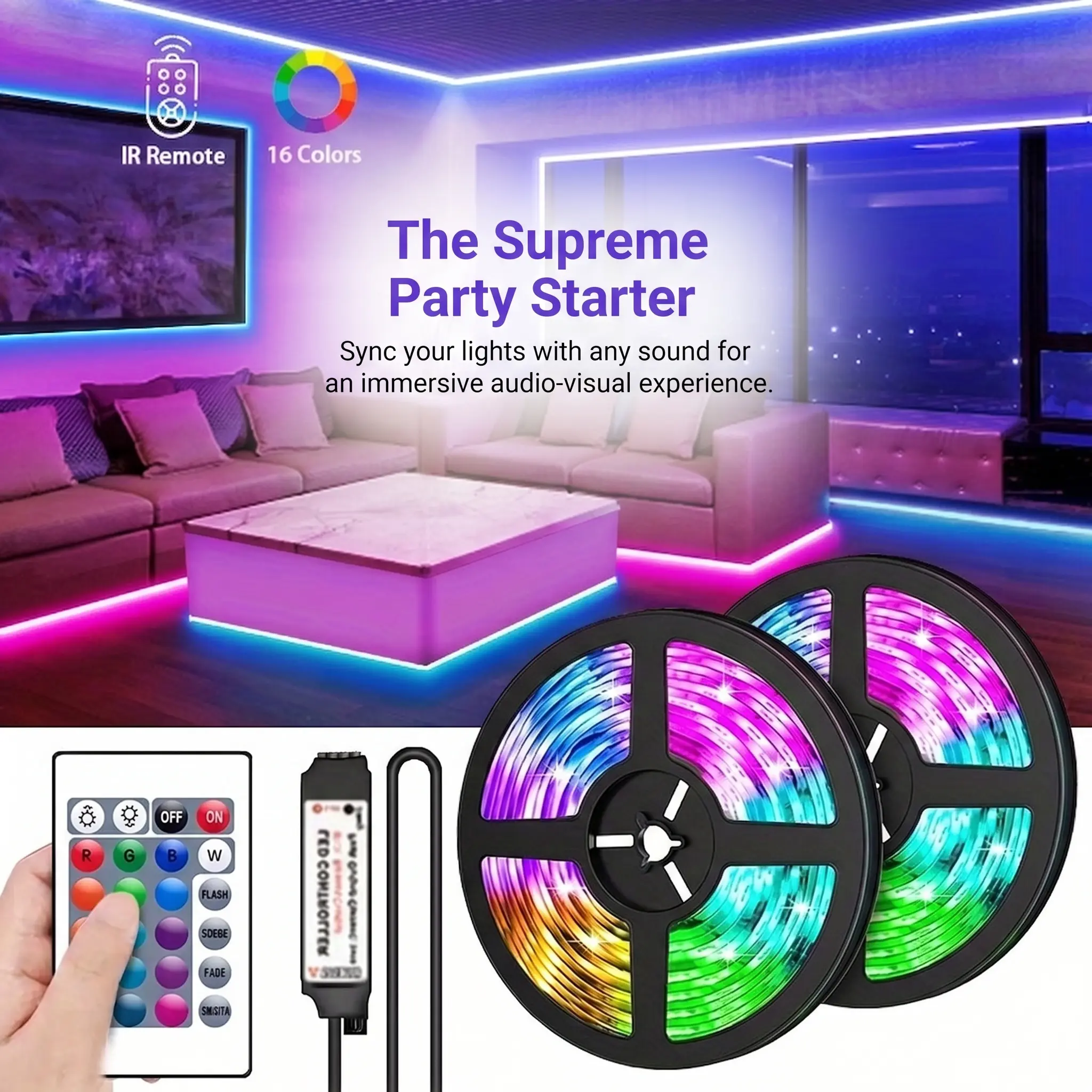 100FT 50FT Smart LED Light Strip RGB Color Changing Music Sync Strip Lights with App & Remote Control for Bedroom Indoor Lighting Decoration Modern-YY2