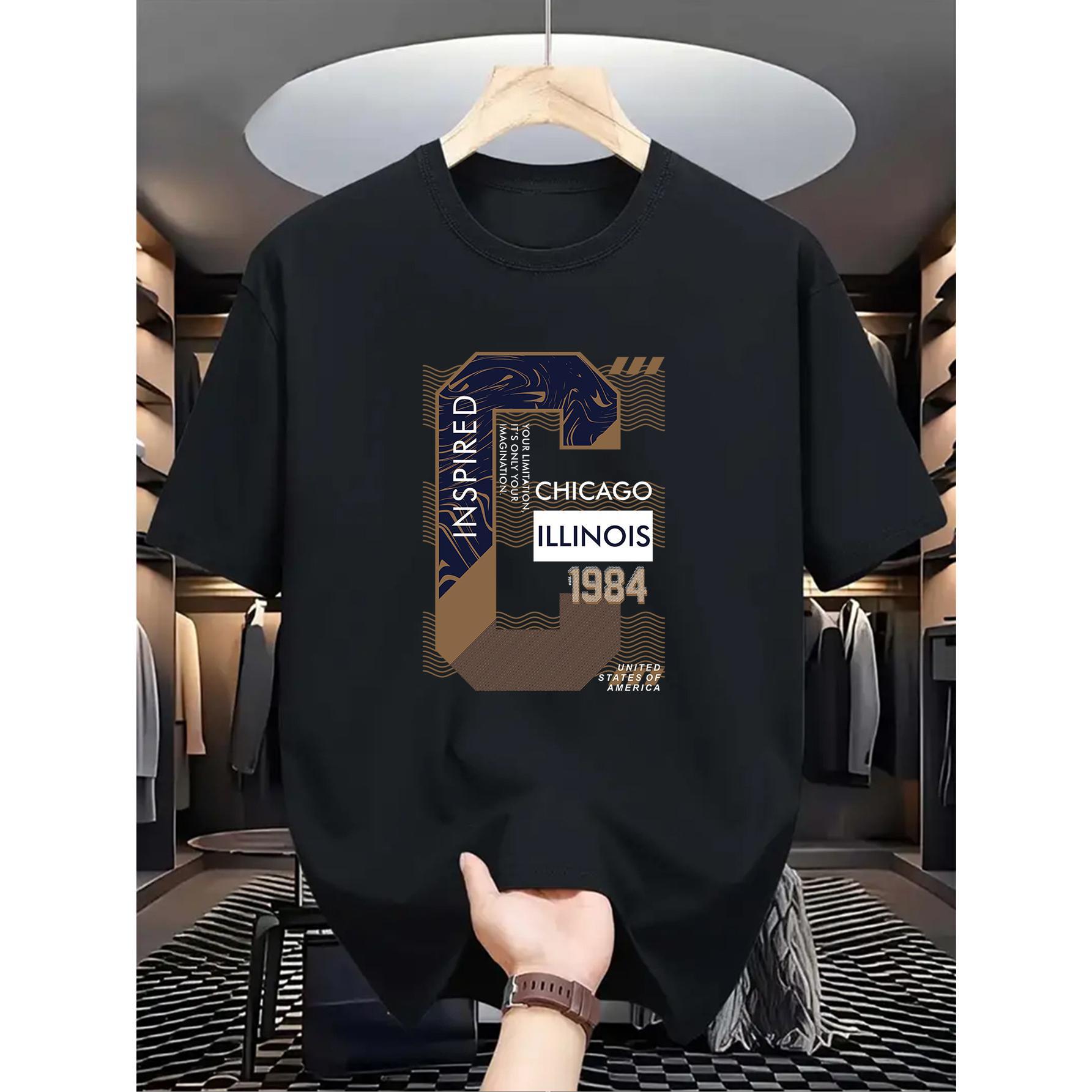 180G Pure Cotton Single-Sided Printed Round Neck Short Sleeve T-Shirt, Men's Casual Round Neck T-Shirt with Chicago Illinois 1984 Inspiration Print, Knitted Fabric, Slightly Elastic, Formal Wear, Summer Fashion Top, Suitable for Daily Wear Crewneck Tshirt