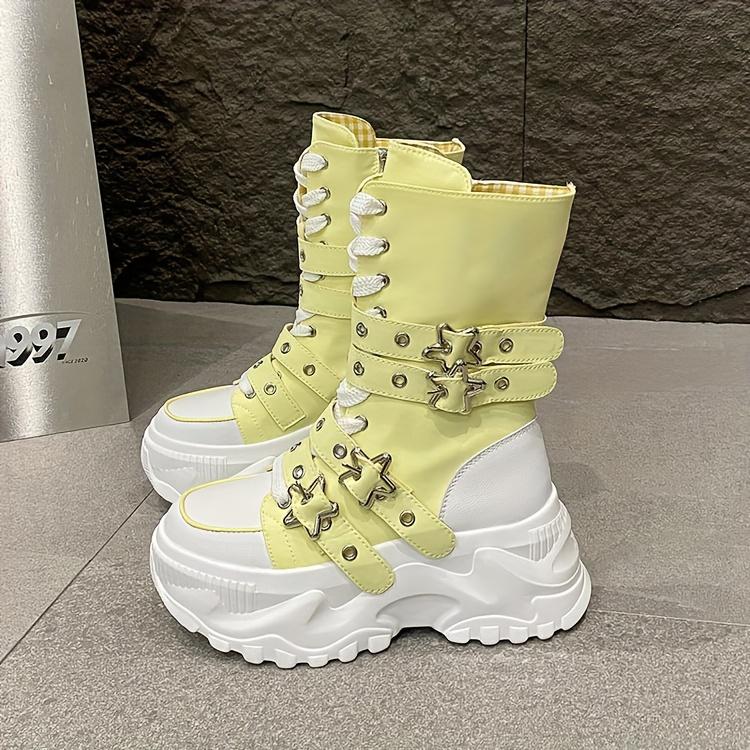 Chunky Platform Thick-Sole Height Increase 1.38 1.97 Lift Lace-Up Round-Toe All-Season All-Terrain Traction Low Heel Rubber Sole Fabric Upper Casual Athletic Wear Brown Black Easy-Clean Hand Washable