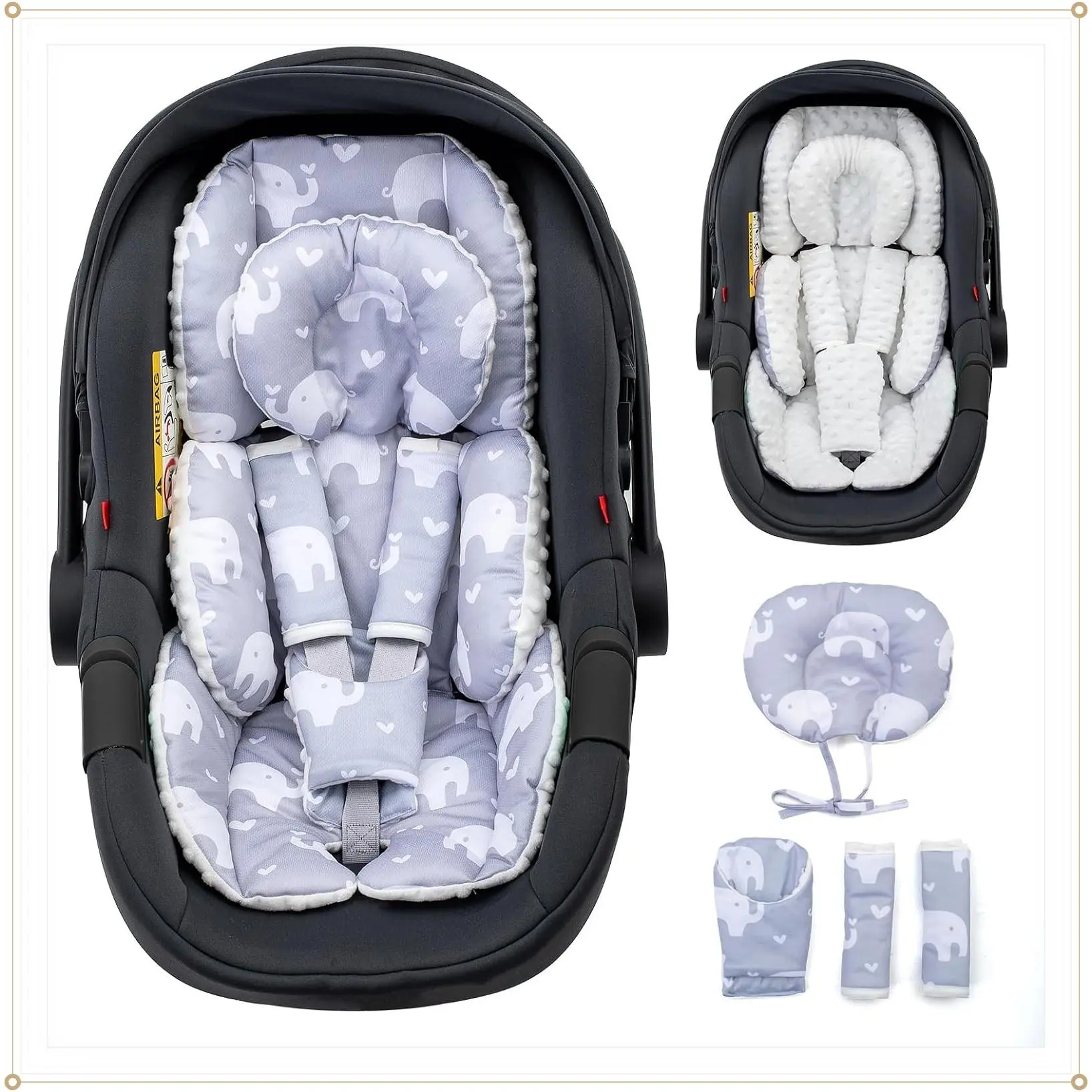 Infant Car Seat Insert with Extra Headrest, Adjustable Reversible Baby Head Support with Shoulder Pads Set for Preemie to Infant, Fits Stroller, Baby Swing, BouncerGift