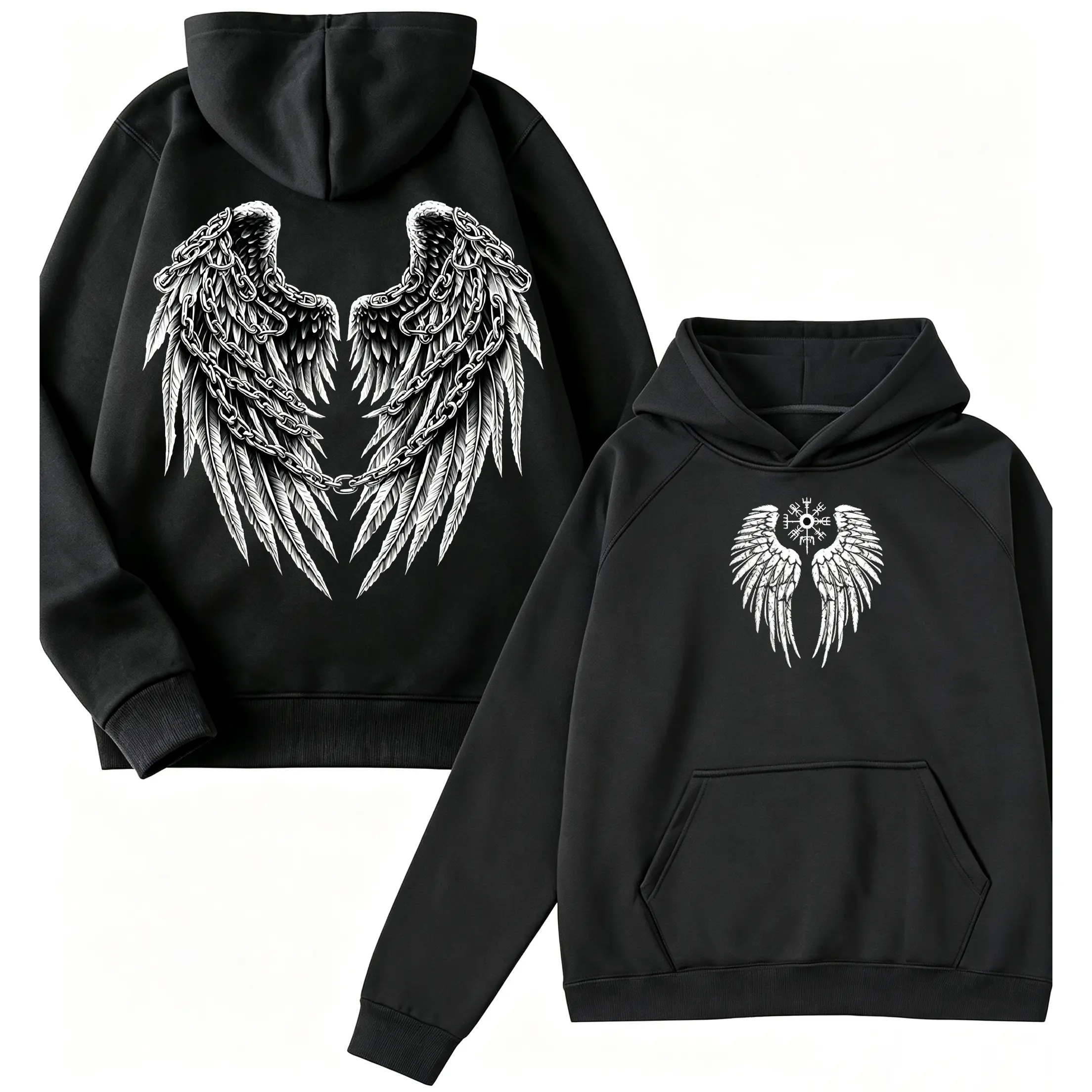⛓️ 🪽 Men's Dark Chain Wings Viking Runes Graphic Print Hoodie, Streetwear Fashion Style Gothic Nordic Mythology, Unisex  Top