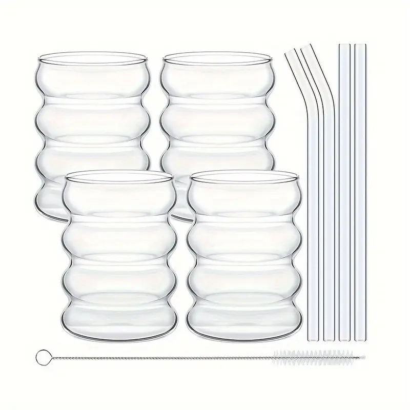 6 Pack 350ml 11.8oz Borosilicate Glass Coffee Cups with Straw Retro Corrugated Water Tumbler Transparent Aesthetic Glassware for Water Soda Tea Juice Coffee Milk Matcha Perfect Gift