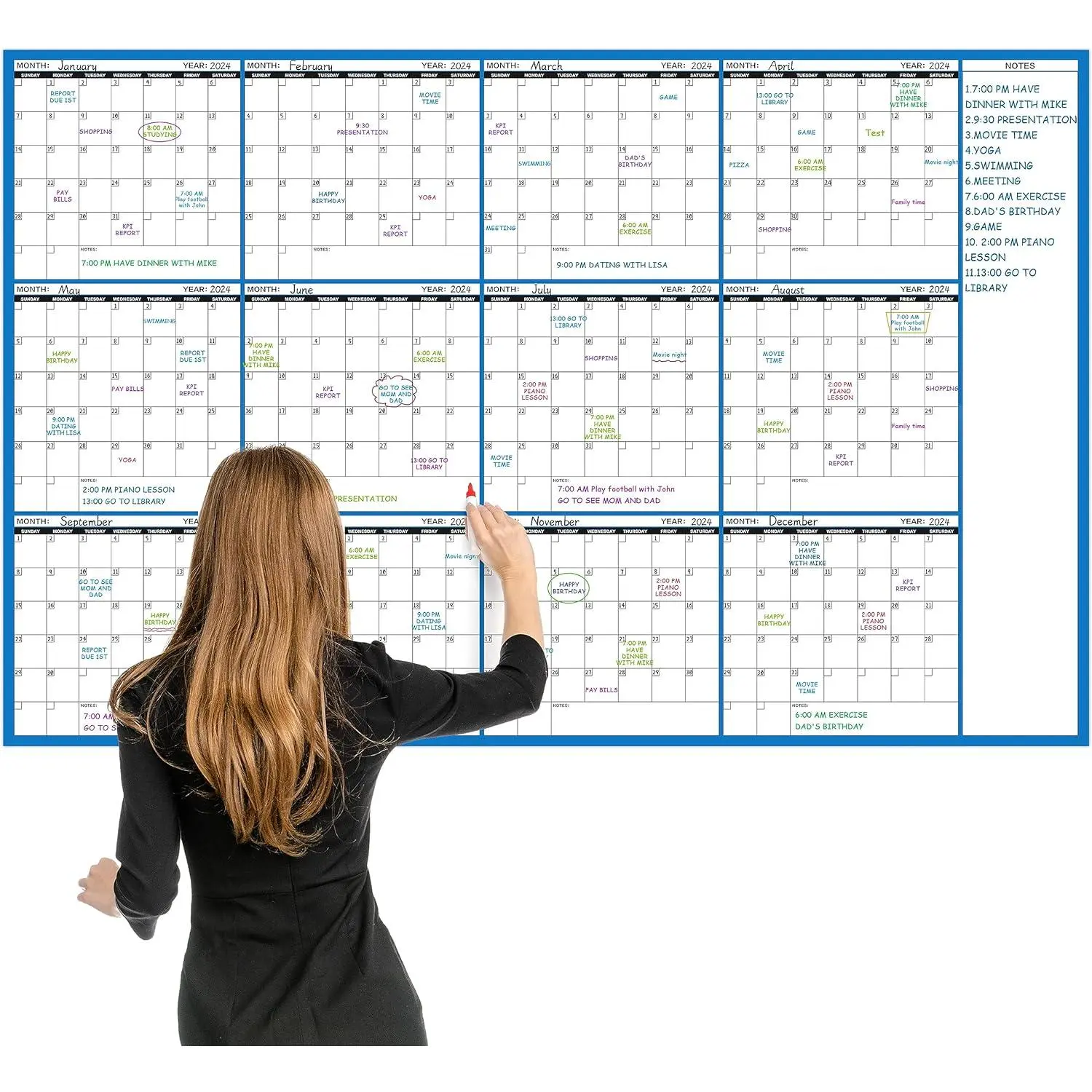 Large Dry Erase Calendar - Undated Wall Calendar Dry Erase, 58" x 37", 12-Month Dry Erase Calendar with 10 Round Stickers | 12-Month Dry Erase Calendar with 10 Round Stickers