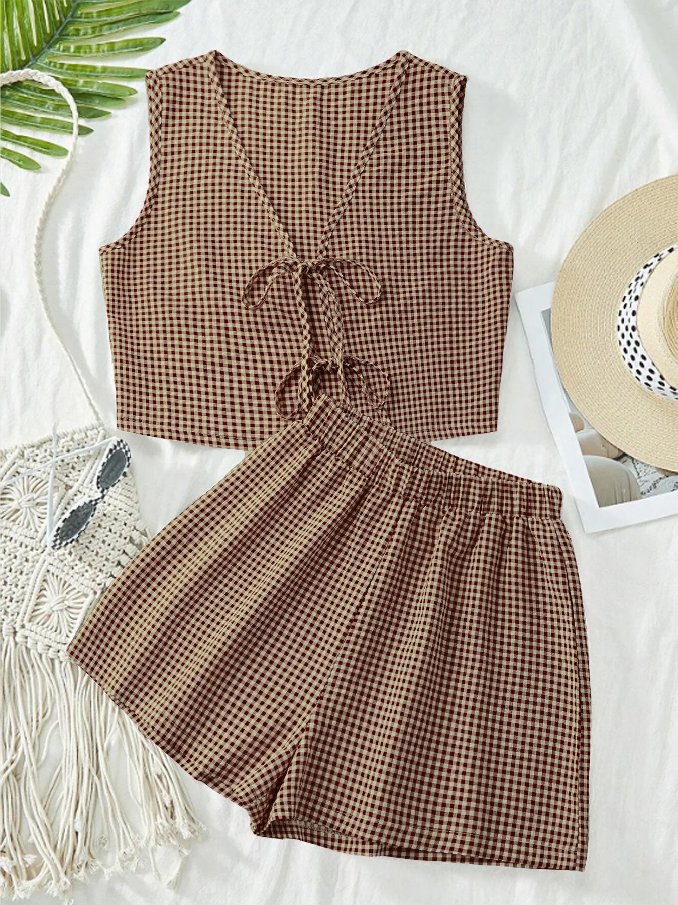 2-piece plaid striped sleeveless crop vest top and high-waisted loose shorts women's casual suit